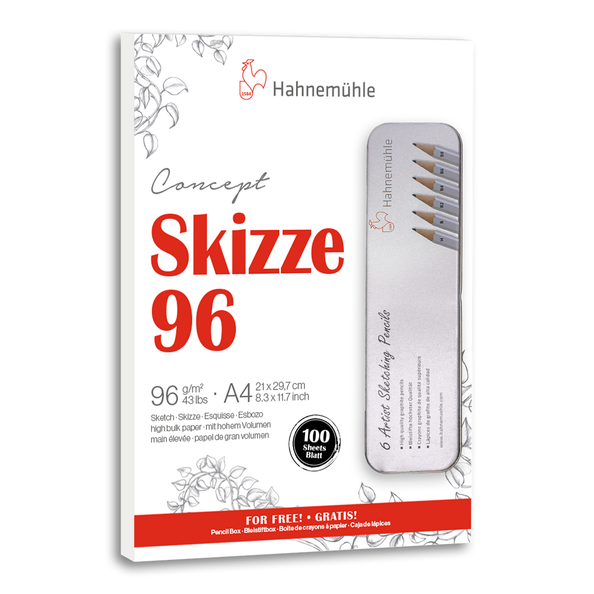 Hahnemühle Sketch 96 A4 sketchpad set with six sketching pencils in a metal box, SKU 10650047