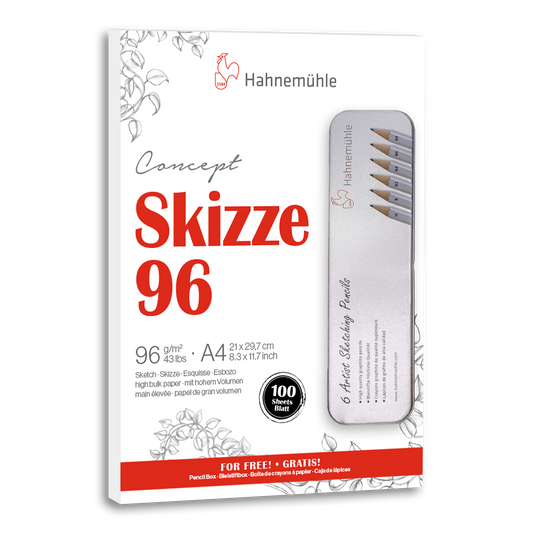 Hahnemühle Sketch 96 A4 sketchpad set with six sketching pencils in a metal box, SKU 10650047