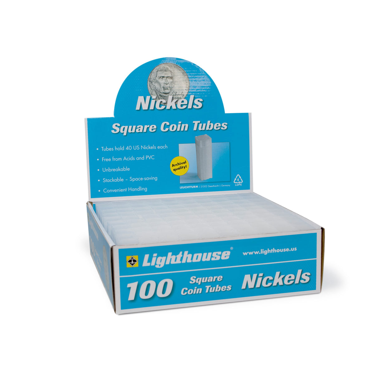 Lighthouse Coin Tubes for US Nickels (Suits Australian $2 coin) (21.21mm)- Box of 100