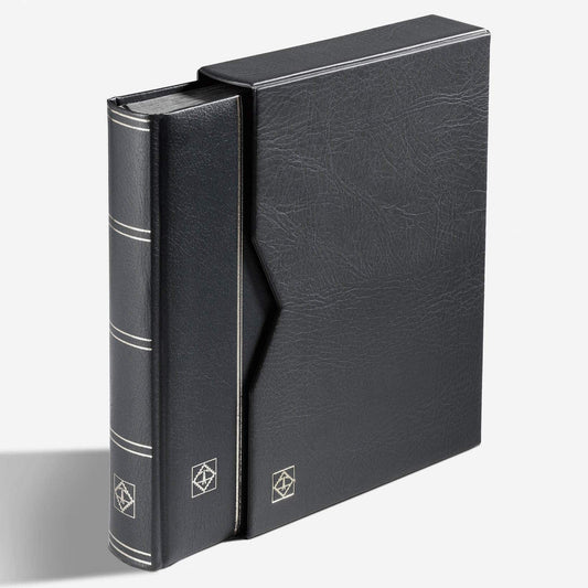 Stockbook PREMIUM, A4, 64 black pages, padded leather* cover + case, black