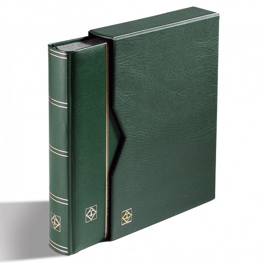 Stockbook PREMIUM, A4, 32 black pages, padded leather* cover + case, green