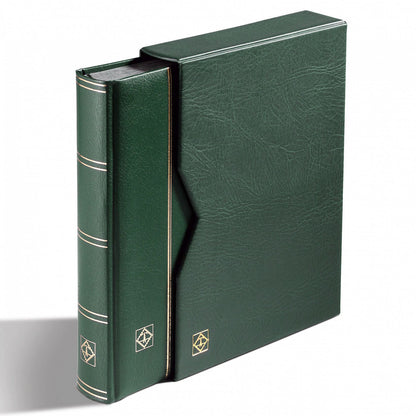 Stockbook PREMIUM, A4, 64 black pages, padded leather* cover + case, green