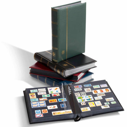 Stockbook PREMIUM, A4, 64 black pages, padded leather* cover + case, green