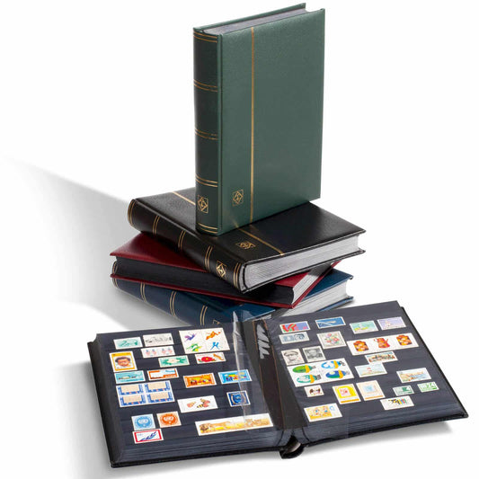 Stockbook PREMIUM, A4, 32 black pages, padded leather* cover, blue