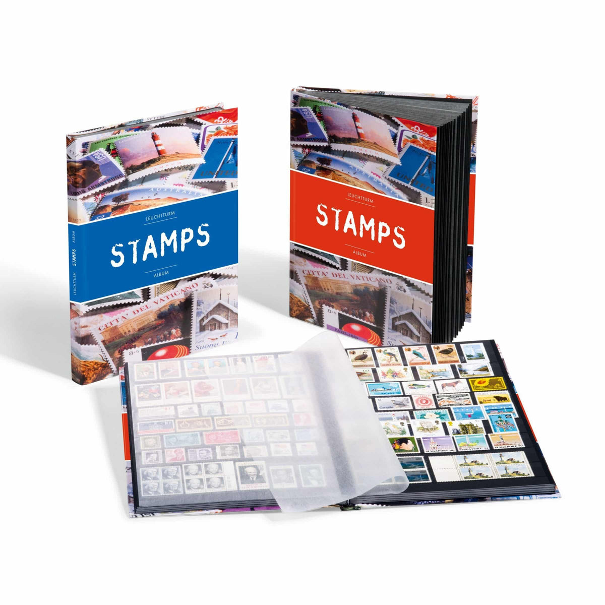 Stockbook STAMPS A4, 16 black pages, non-padded, colored cover (banderole)