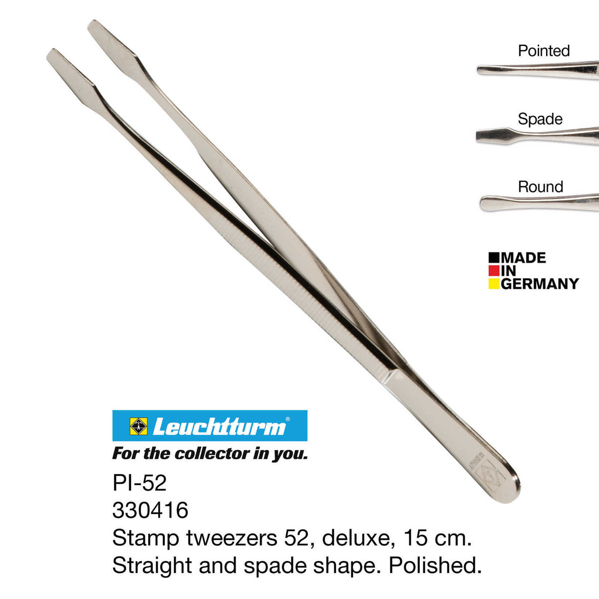 Stamp Tweezers 52, de-luxe, 15 cm. Straight and spade shape.